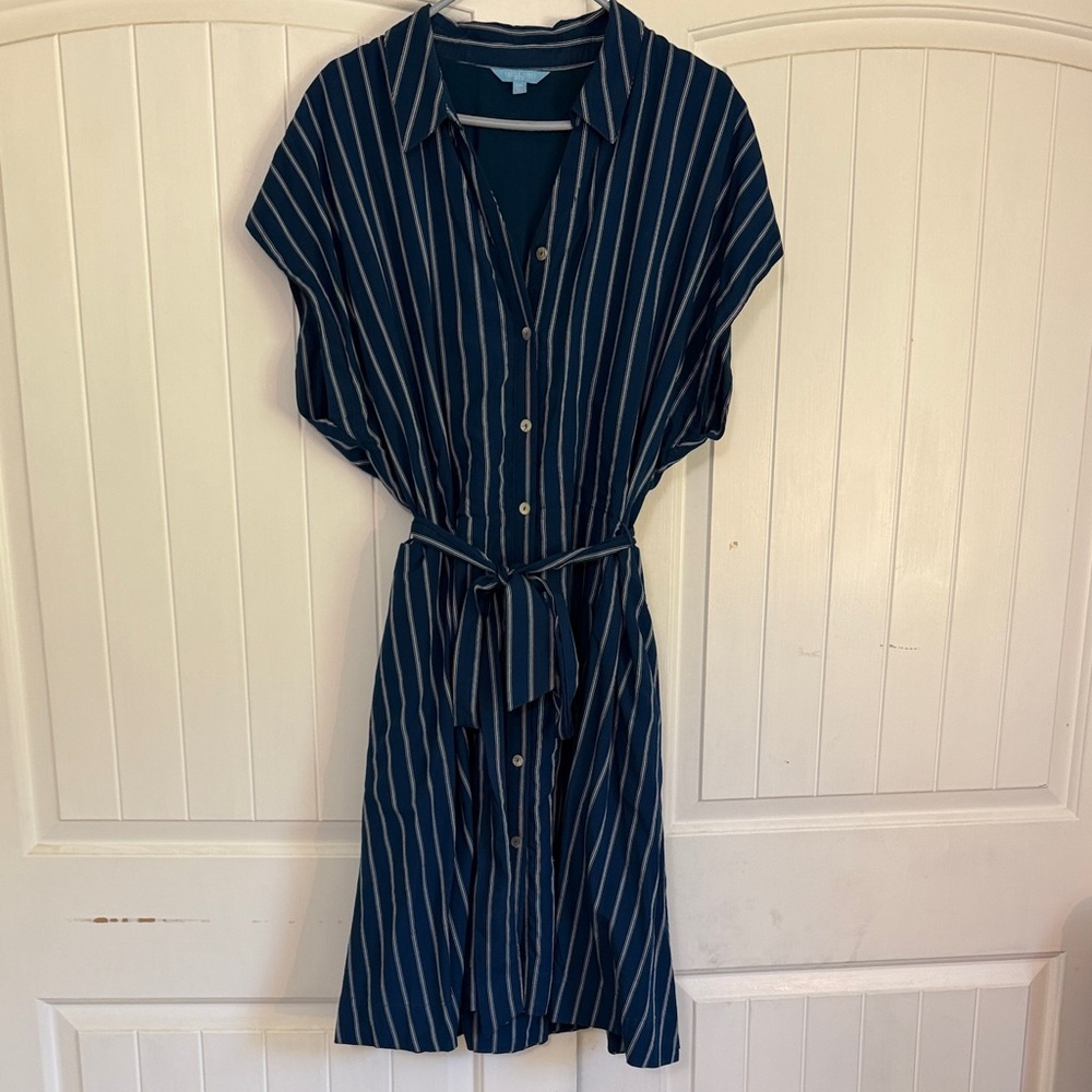 Draper James Navy and White Striped Midi Shirt Dress